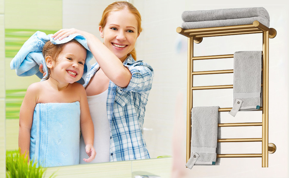 Radiateur Sèche-Serviette Électrique, Chauffe-Serviettes À 7 Barres Doré Avec Étagère Supérieure, Porte-Serviettes Chauffant En Fibre De Carbone En Mural, 72x45x25 Cm (Plug In) 15 Radiateur Sèche-Serviette Électrique, Chauffe-Serviettes À 7 Barres Doré Avec Étagère Supérieure, Porte-Serviettes Chauffant En Fibre De Carbone En Mural, 72x45x25 Cm (Plug In) -Atlantic Magasin